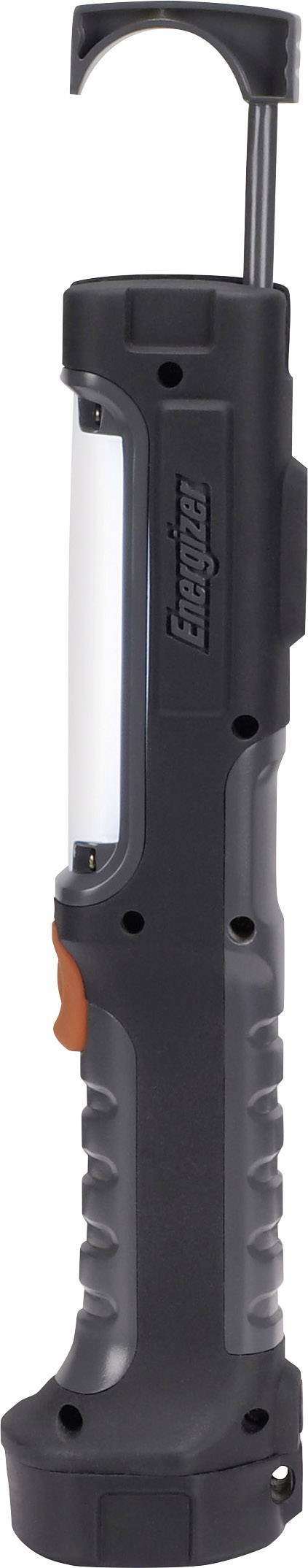 Portable, black LED work lamp with handle. Features an elongated light panel and an orange button. Ideal for DIY tasks.