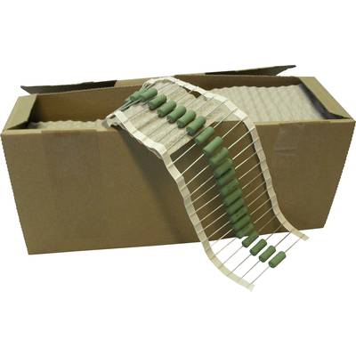 An open cardboard box containing a row of green resistors lined up on a paper tape.