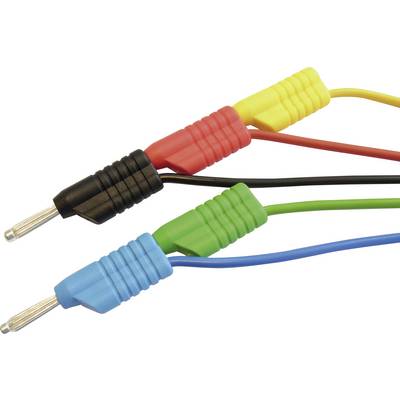 Three colourful AV cables with metal connectors lie side by side: a black, a red, and a yellow cable.