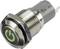 Silver-coloured, cylindrical push switch with green illuminated 'On' symbol on the button. Suitable for electronic devices.