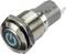 Silver push-button switch with blue LED illumination ring. Operating voltage: 12V. Suitable for panels and control surfaces.
