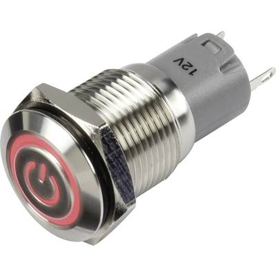 A metal push button with a red illuminated ring and power symbol, suitable for a 12V connection.