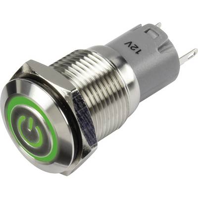A metal push switch with a green 'On' symbol and label '12V'. Used in electronic devices for power supply.