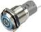 Silver push button with blue illuminated symbol for power supply, labelled with '12V', against a grey background.