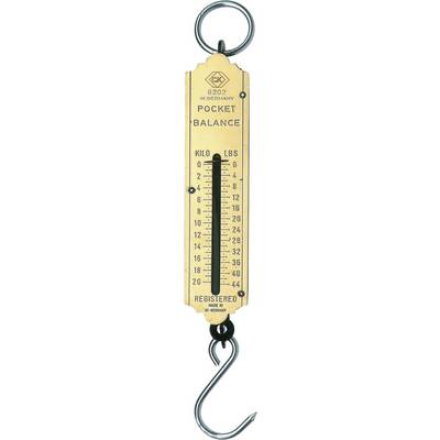A gold-coloured pocket scale with scales in kilograms and pounds. It has a hook at the bottom and measures up to 24 kilograms or 50 pounds.