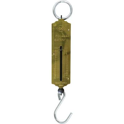 A hanging balance scale with metal hooks and a scale in kilograms and pounds. Suitable for measuring small objects or loads.