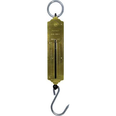'Metal hanging scale with hook. Measuring scale in kilograms and pounds on the front.'