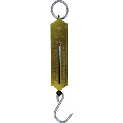 Golden featherweight scale with hook, showing weight in kilograms and pounds.