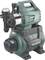 A green Metabo domestic water pump with built-in water filter and pressure gauge, suitable for automatic water supply.