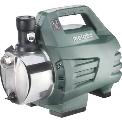 Metallic water pump with a green plastic casing and carrying handle, with a side-visible outlet pipe and control elements on the front.