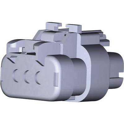 A grey electrical plug with two mounting clips and multiple connection points, against a neutral background.