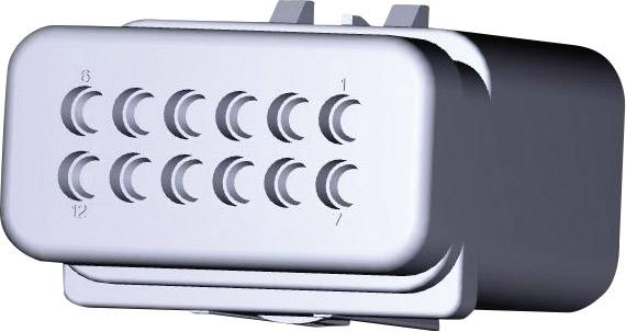 Metallised plastic plug with 12 vertically arranged round pin holes, numbered from 1 to 12, on a stainless steel fascia.