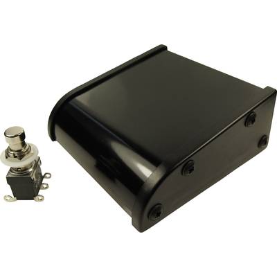 A black rectangular metal enclosure next to a silver push button switch.