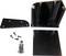 A mounting kit with black metal parts, screws, and a switch, likely for installing a device or shelving unit.