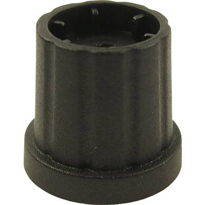 Black, cylindrical plastic closure with a ribbed surface and recessed centre, possibly a lid or protective cap.