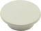 A white, round plastic cap on a neutral background, commonly used for plugging holes or openings in furniture.