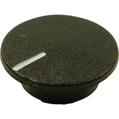 Black, round button with a matte texture and a small white line along the edge, presumably for marking or orientation.