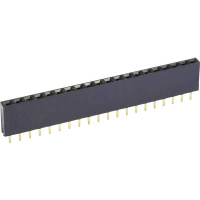 A black, rectangular pin header with golden pins, used for electrical connections on printed circuit boards.