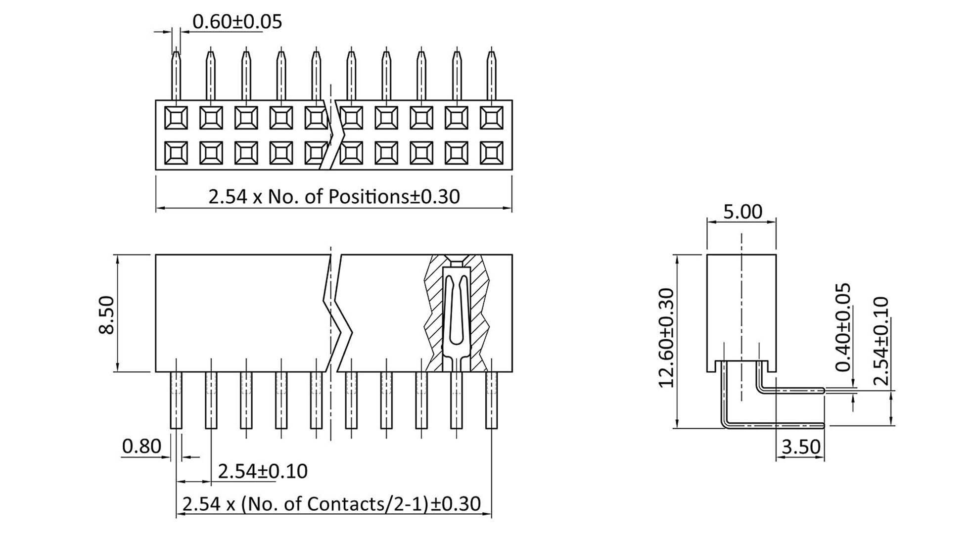 Technical drawing of a connector with dimensions and labels indicating spacing and contact count, side and top view.