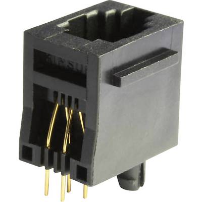 Black plastic plug with gold-plated contact pins, vertical orientation, six-pole for electronic connections.