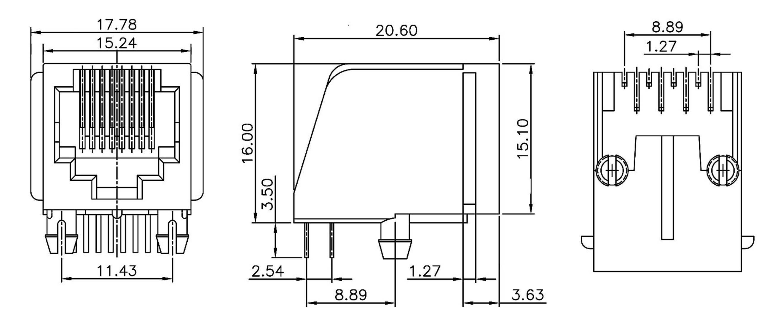 Technical drawing of an electronic connector with dimensional specifications in millimetres, showing three perspectives: front, side, and rear view.