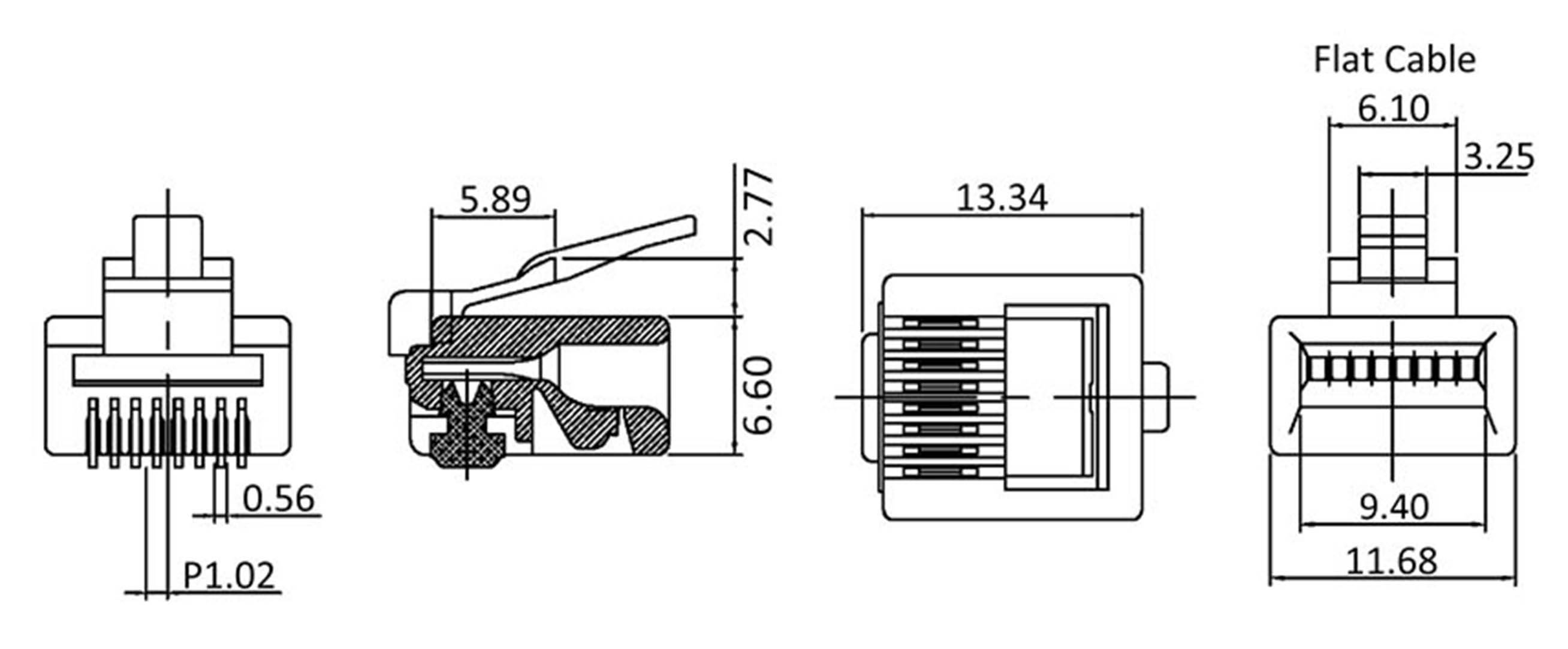 Drawing shows the technical dimensions of an RJ45 plug. Front, side, and top views with detailed measurements in millimetres.
