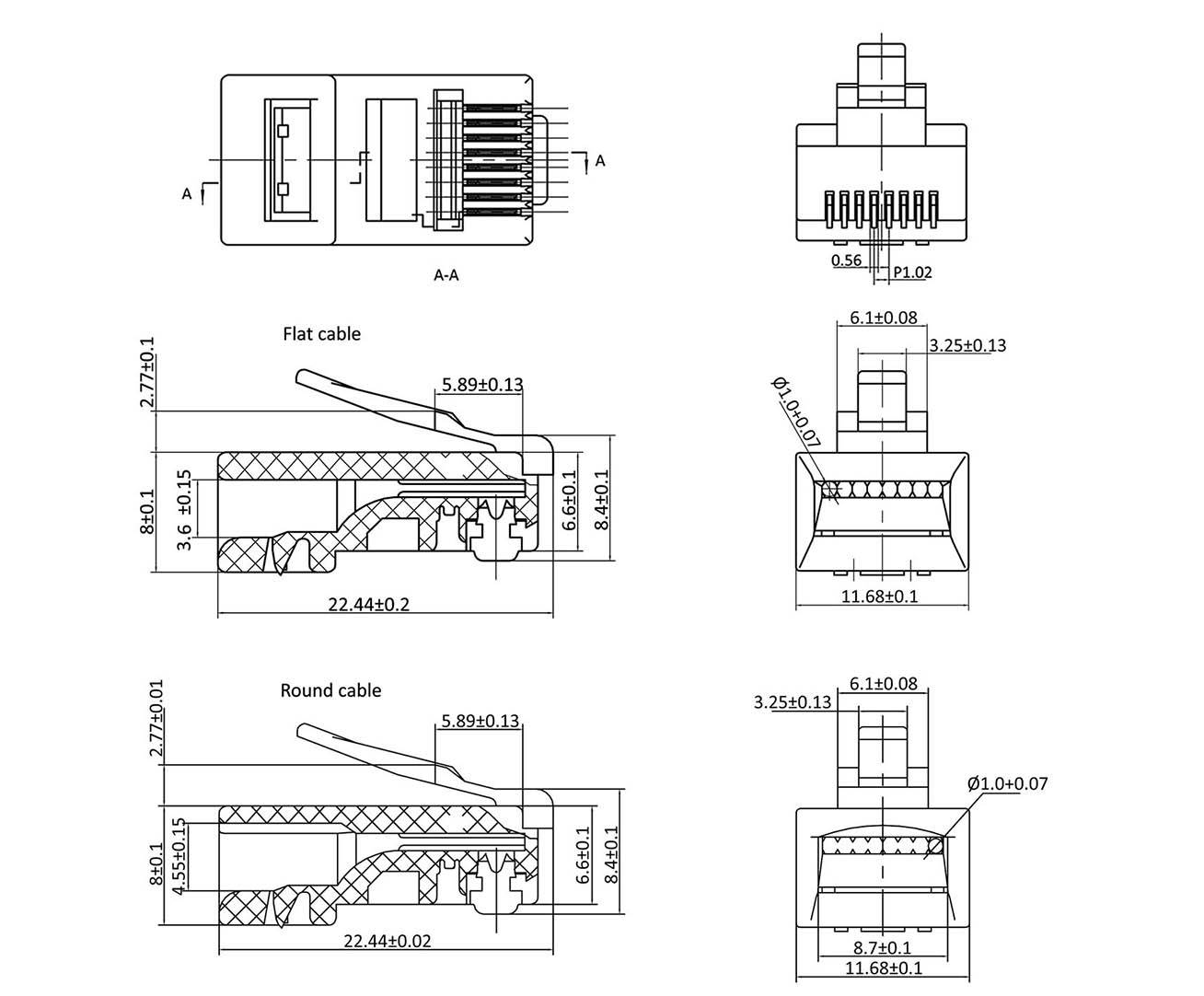 Drawing of a modular connector with dimensions and cross-sections for flat and round cables. Various views and detailed measurements.