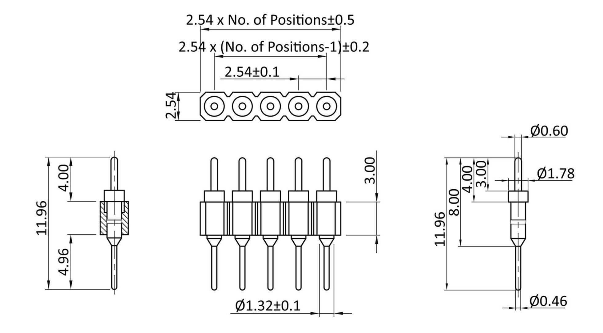 Technical drawing of a pin header connector with dimensions. Shows front, side, and top views with precise measurements in millimetres.