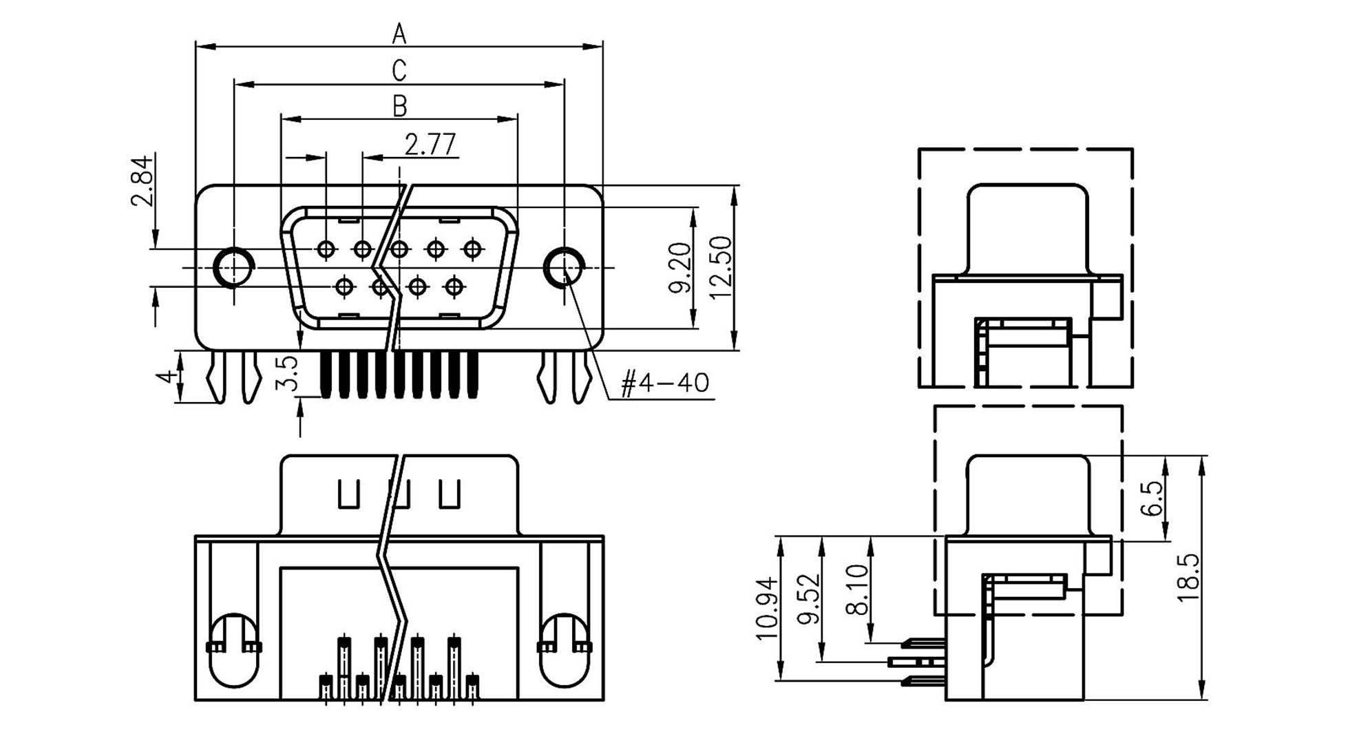 Technical drawing of a D-sub connector with dimensional specifications. Shows front, side, and top views with detailed measurements.