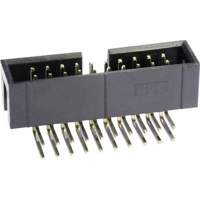 Black connector with two rows of gold-coloured pins and a rectangular housing.