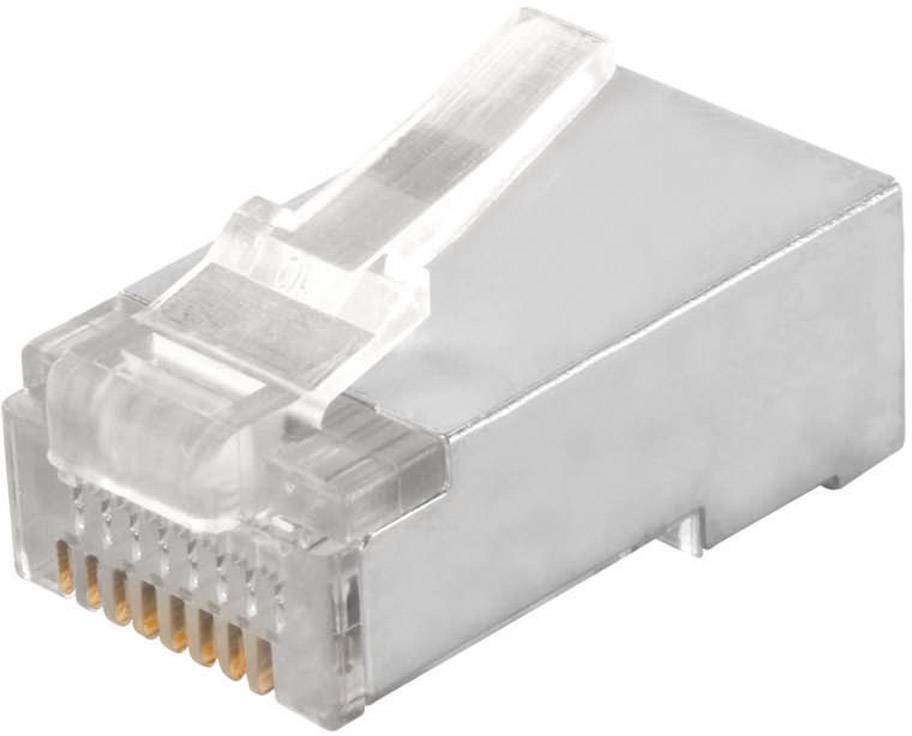 A translucent RJ45 plug, used for Ethernet network connections, with visible gold-plated contact pins.