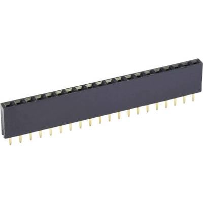 A pin header connector with 20 golden pins, arranged in parallel within a black plastic strip, for electronic connections.