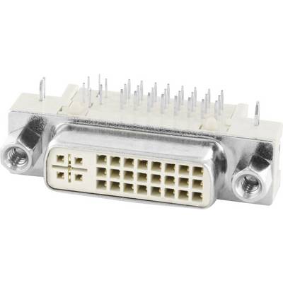 A DVI plug with numerous pins and a metal casing. Used to transmit digital video signals between devices.