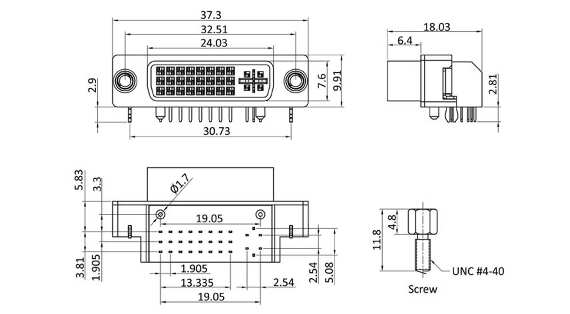 Technical drawing of a DVI connector with dimensions in millimetres. Shows front, side, and top views, along with screw details.
