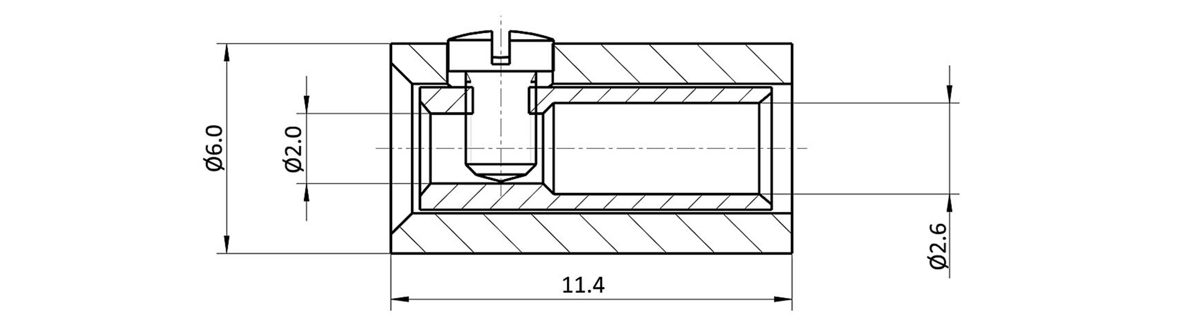 Technical drawing of a cylindrical component with dimensions: diameter 6.0 mm and 2.6 mm; total length 11.4 mm.