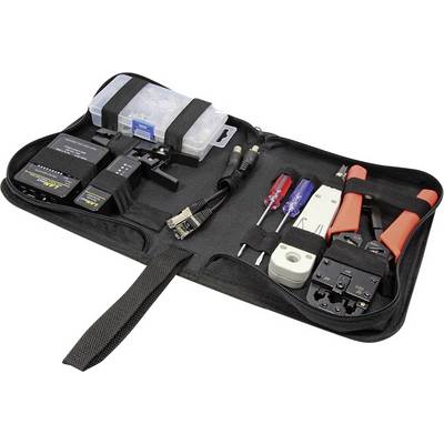 Tool set in an open bag with pliers, screwdrivers, cable cutters, and a network cable tester for repairs.