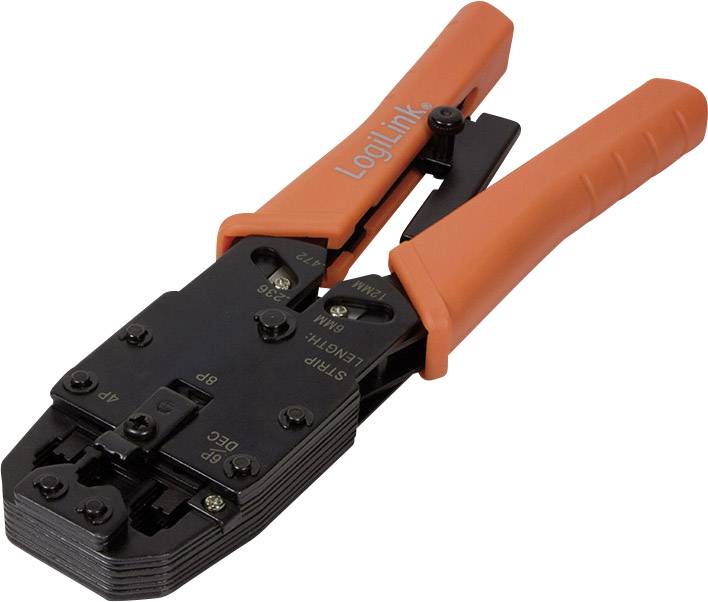 Network crimping pliers with orange handles.