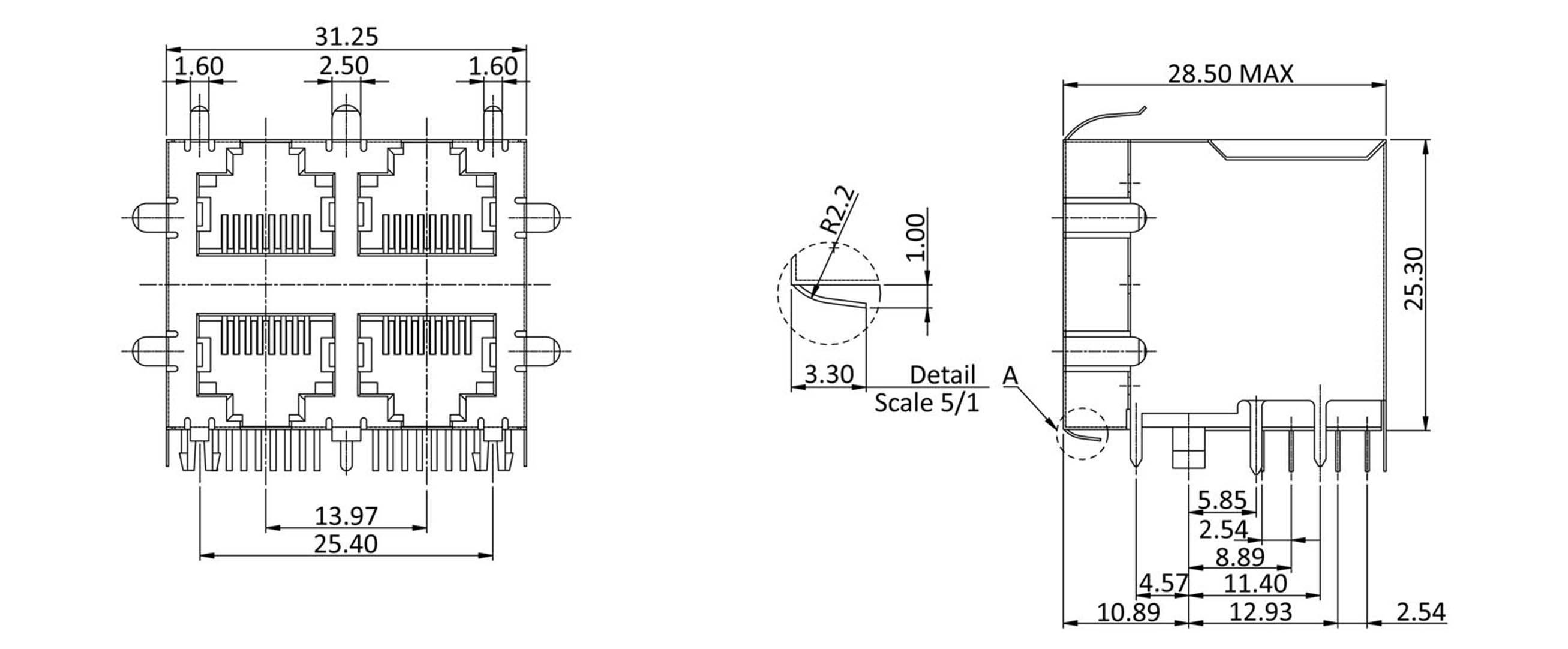 Technical drawing of a dual RJ45 connector with dimensions. Left: Front view, right: Side view with measurements.