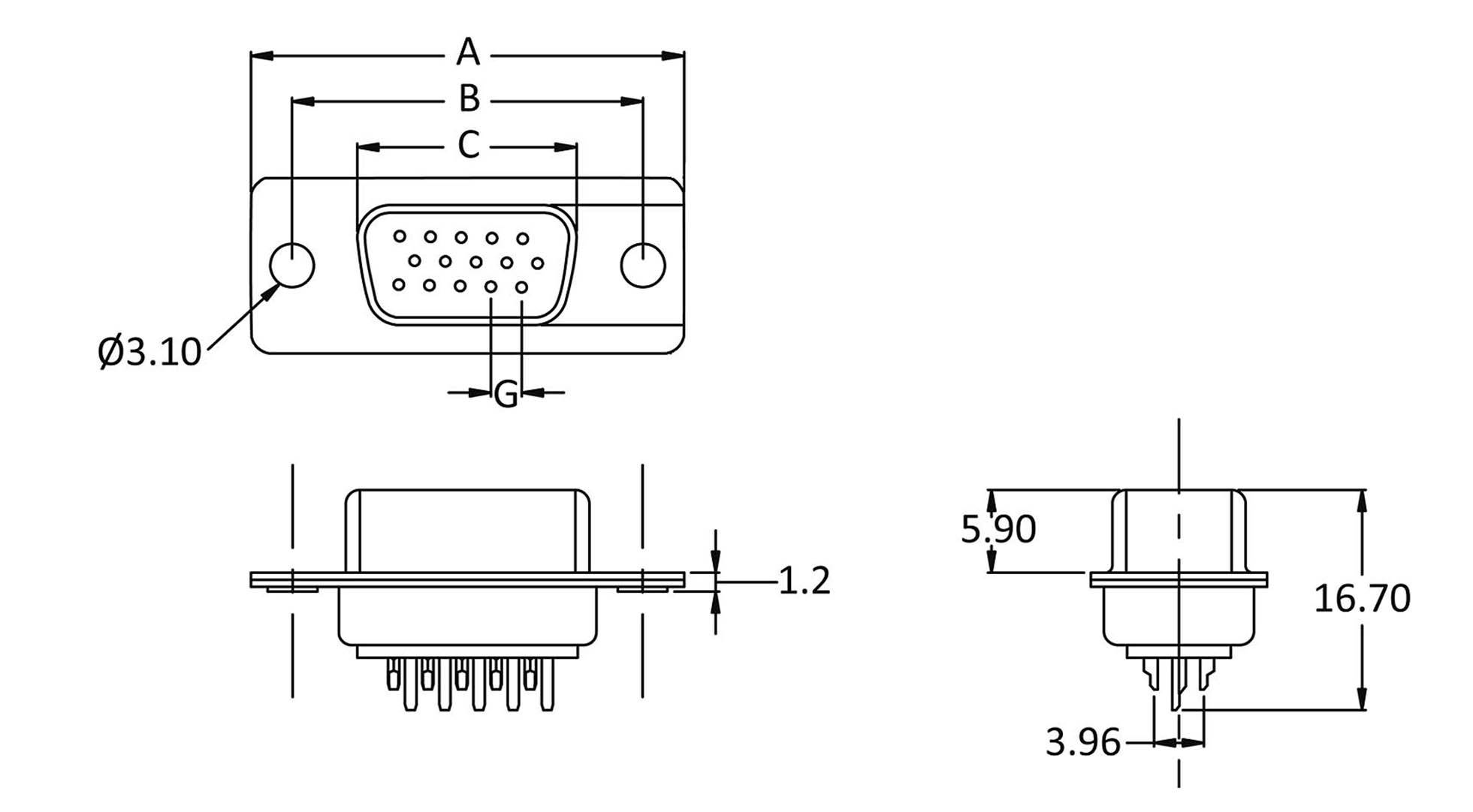 Technical drawing of a connector with dimensions in millimetres. Front view with dimensions A, B, C and G; side view showing height and depth.