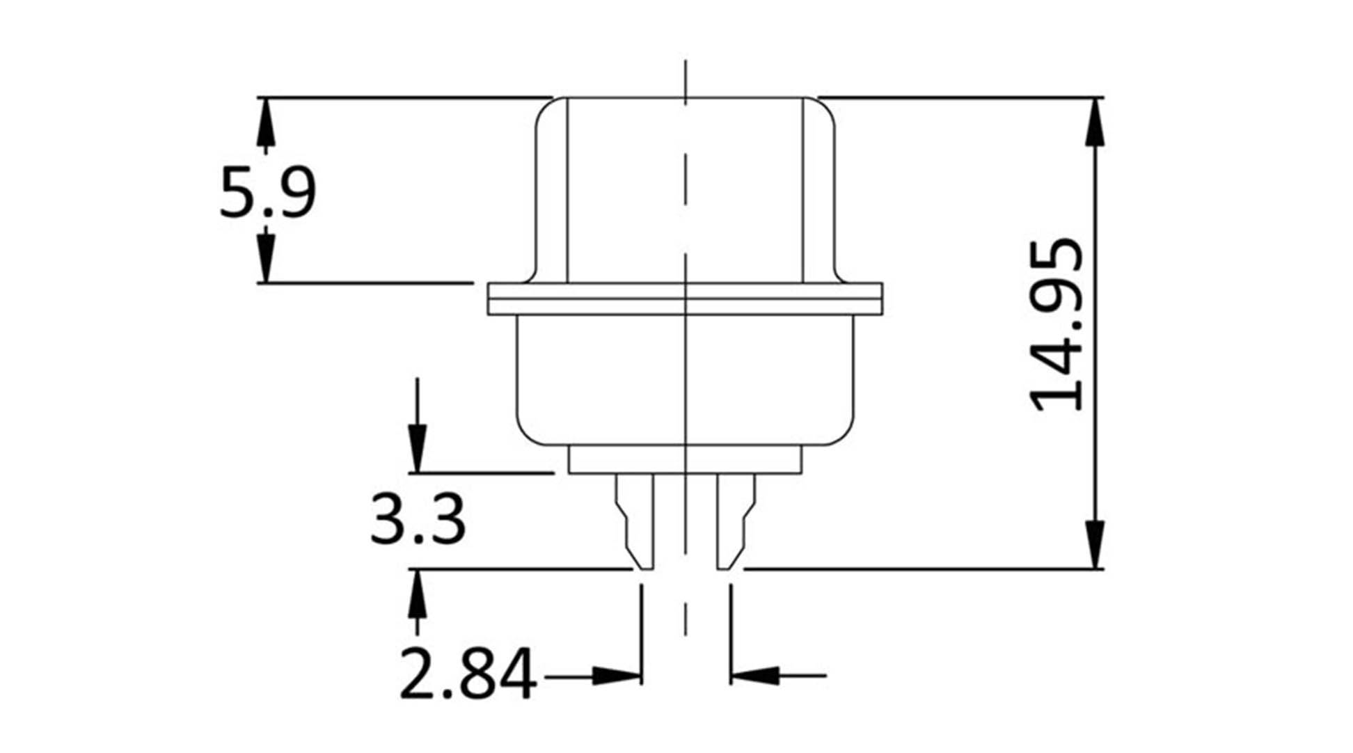 Technical drawing of a component with three legs. Height is 14.95 mm, width at top 5.9 mm, mid-height 3.3 mm, base width 2.84 mm.