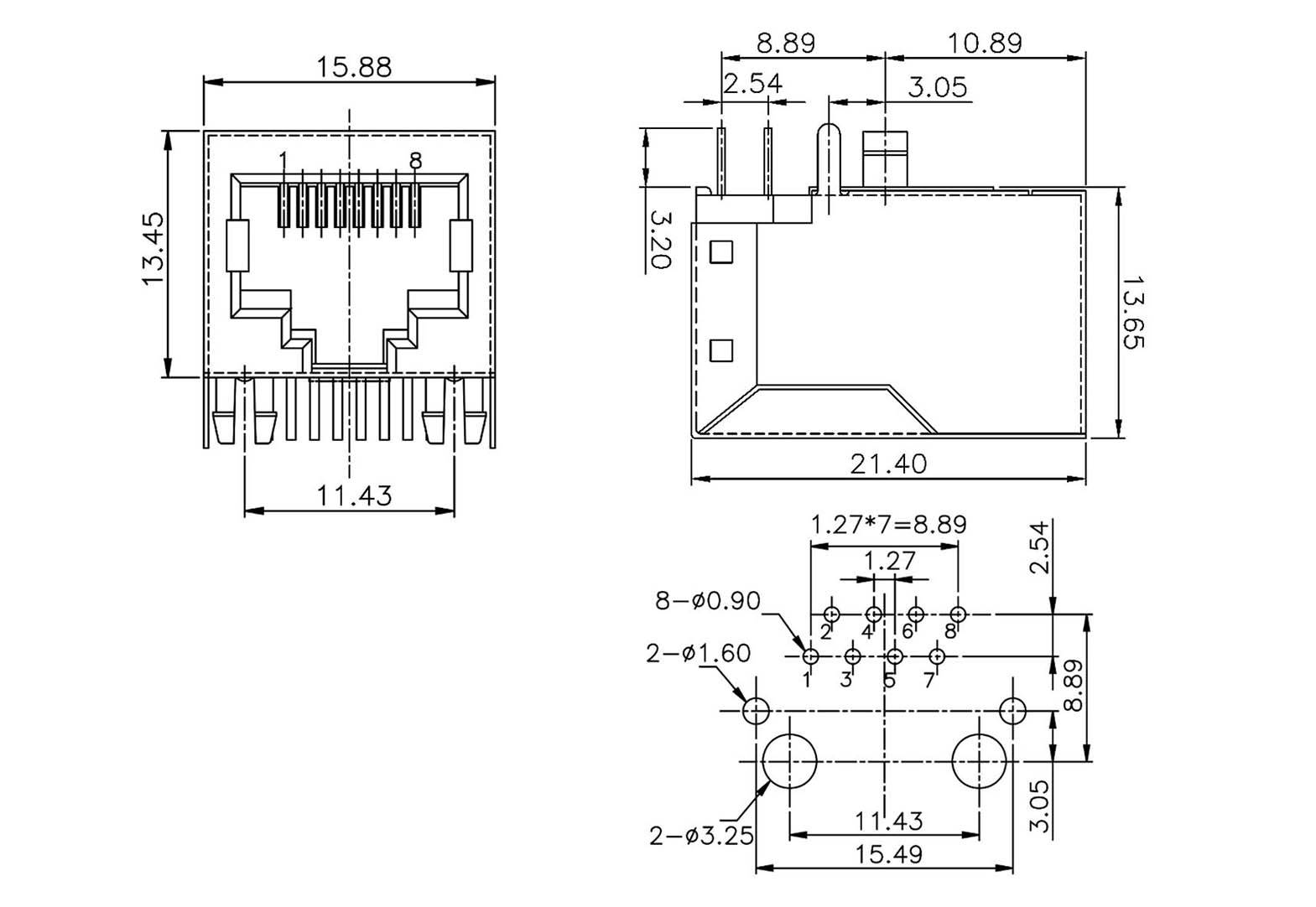 Technical drawing of an RJ45 module with dimensions in millimetres, front, top, and bottom views. Detailed dimensioning of the connection interfaces.