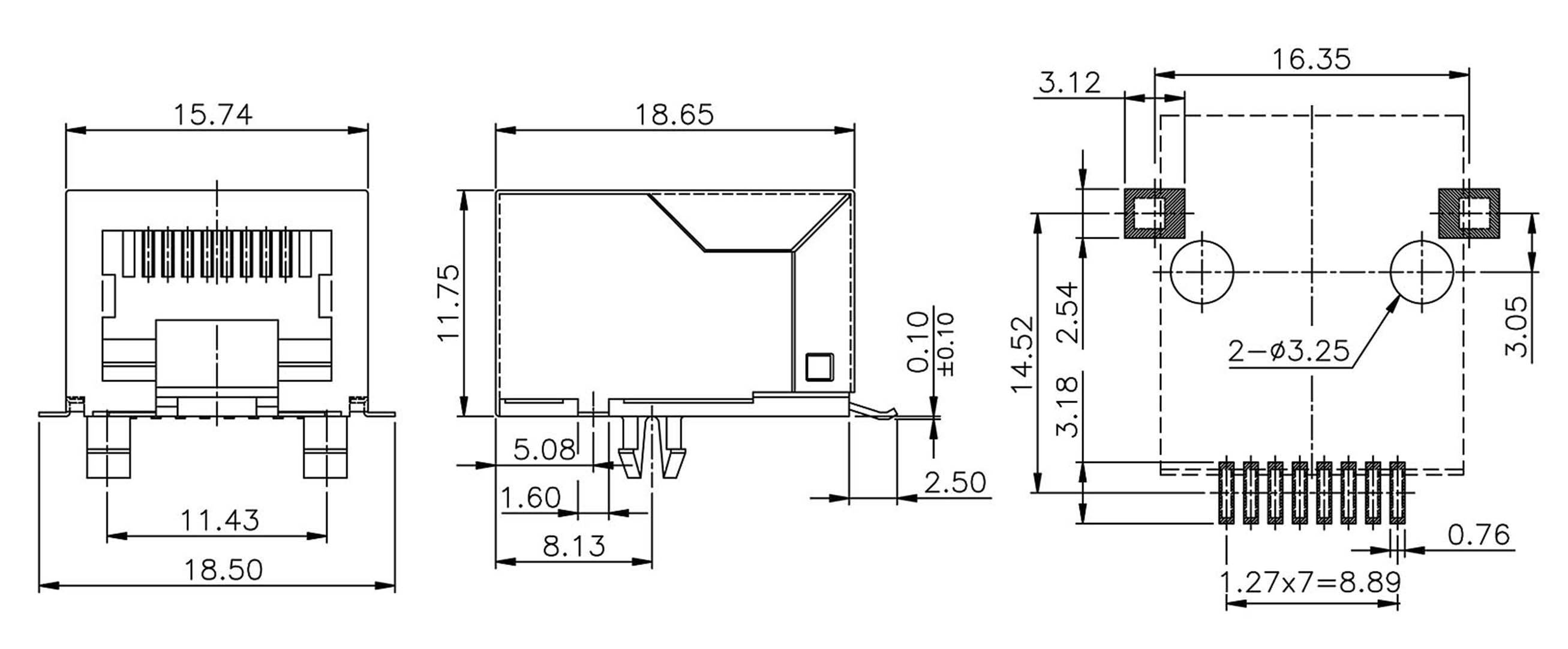 Technical drawing of an electronic component with dimensions. Shows front, side, and surface view with detailed measurements in millimetres.