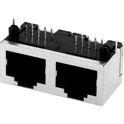 A double RJ-45 Ethernet socket with metal casing and visible soldering pins for mounting on a printed circuit board.