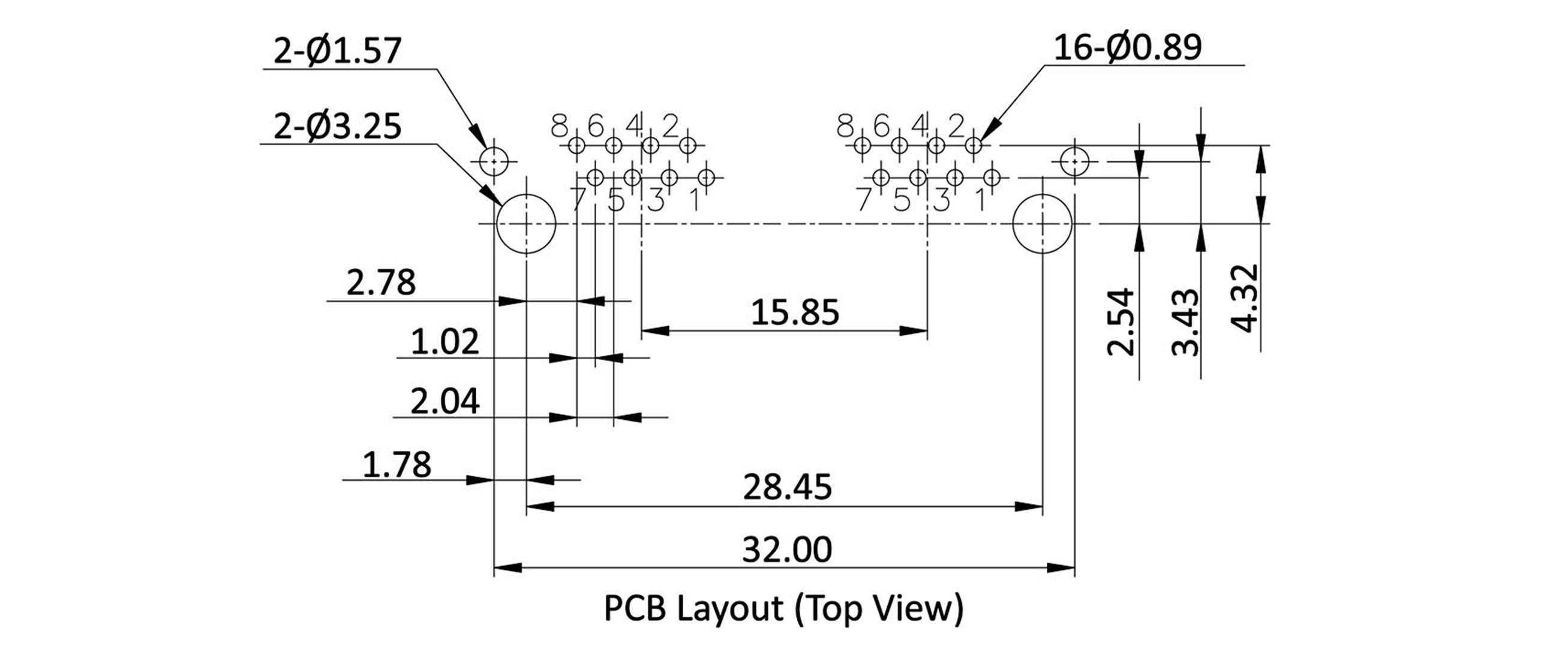 'PCB Layout (Top View)' with dimensional specifications in millimetres: Width 32.00, Height 28.45. Hole diameter ranging from 2.54 to 3.25.