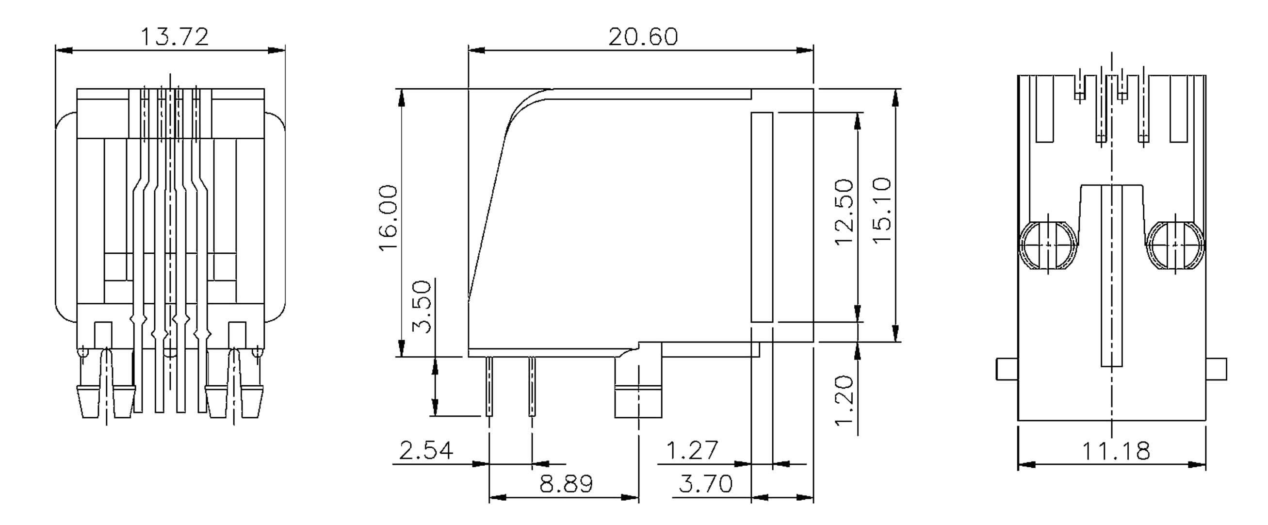 Drawing of an electrical connector with dimensions. Side, front, and top views with measurements in millimetres.