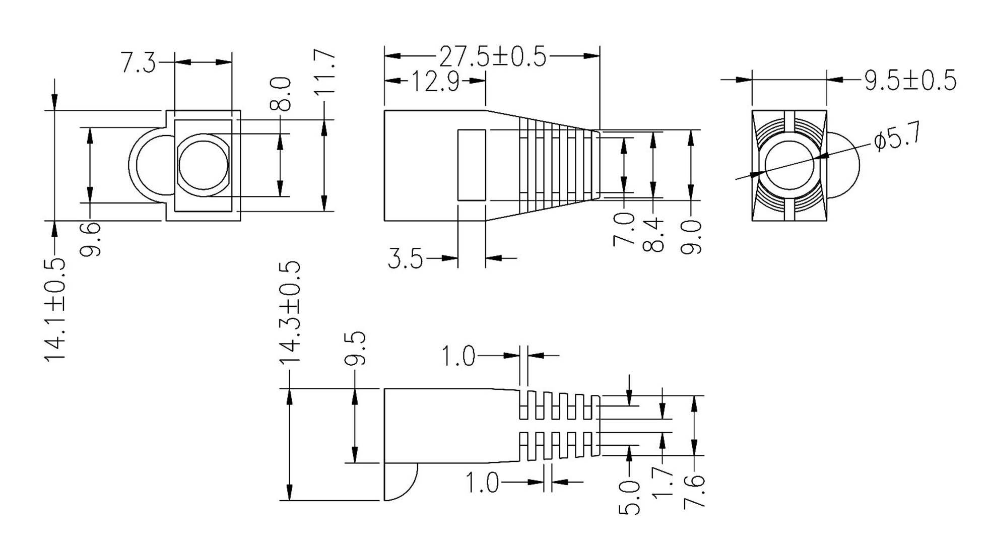 Technical drawing of a cable lug with dimensions. Shows front, side, and top views. Includes all relevant distances and widths in millimetres.