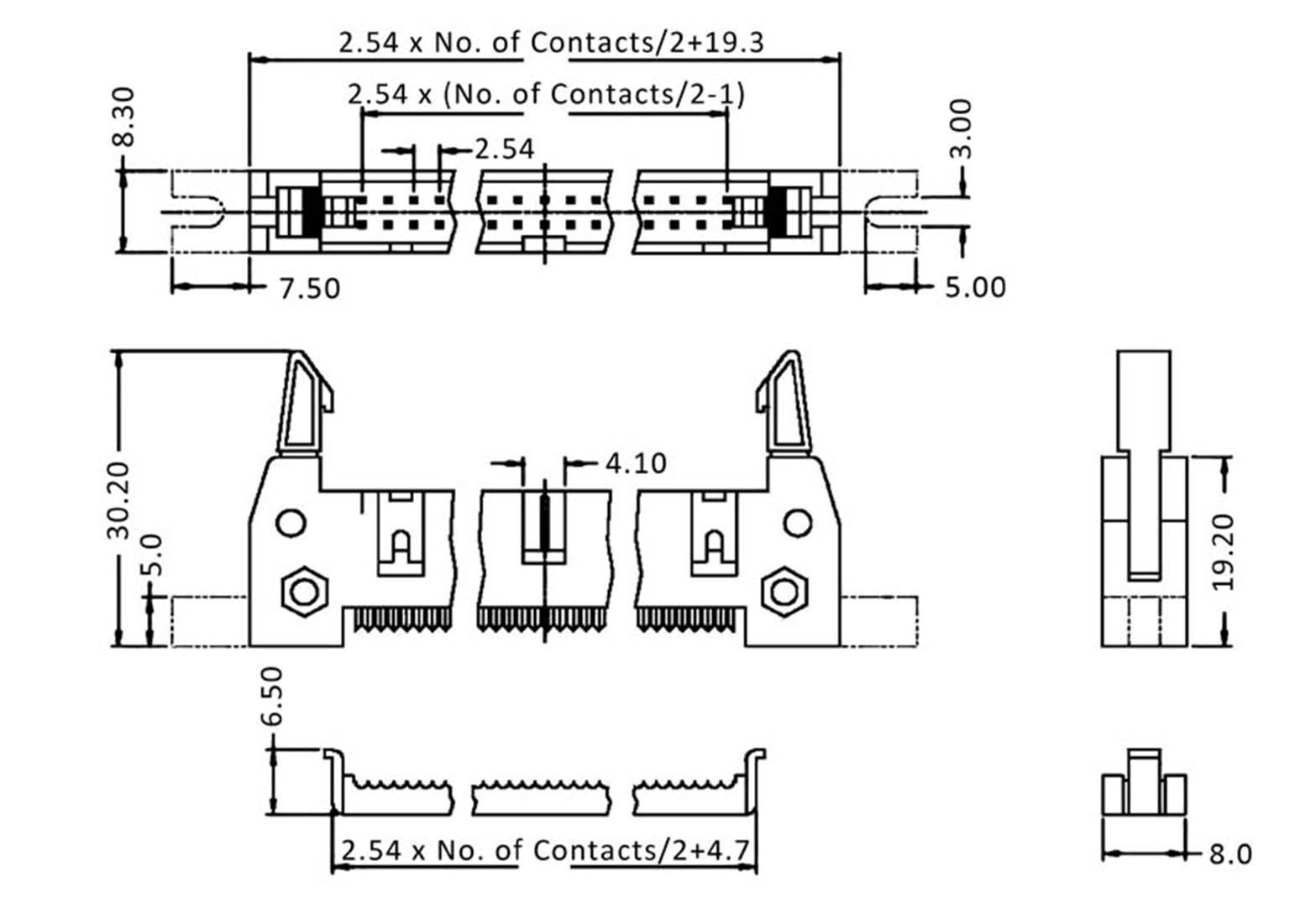 Technical drawing of a connector with dimensions in millimetres. Shows front, side and top views with spacings and annotations.