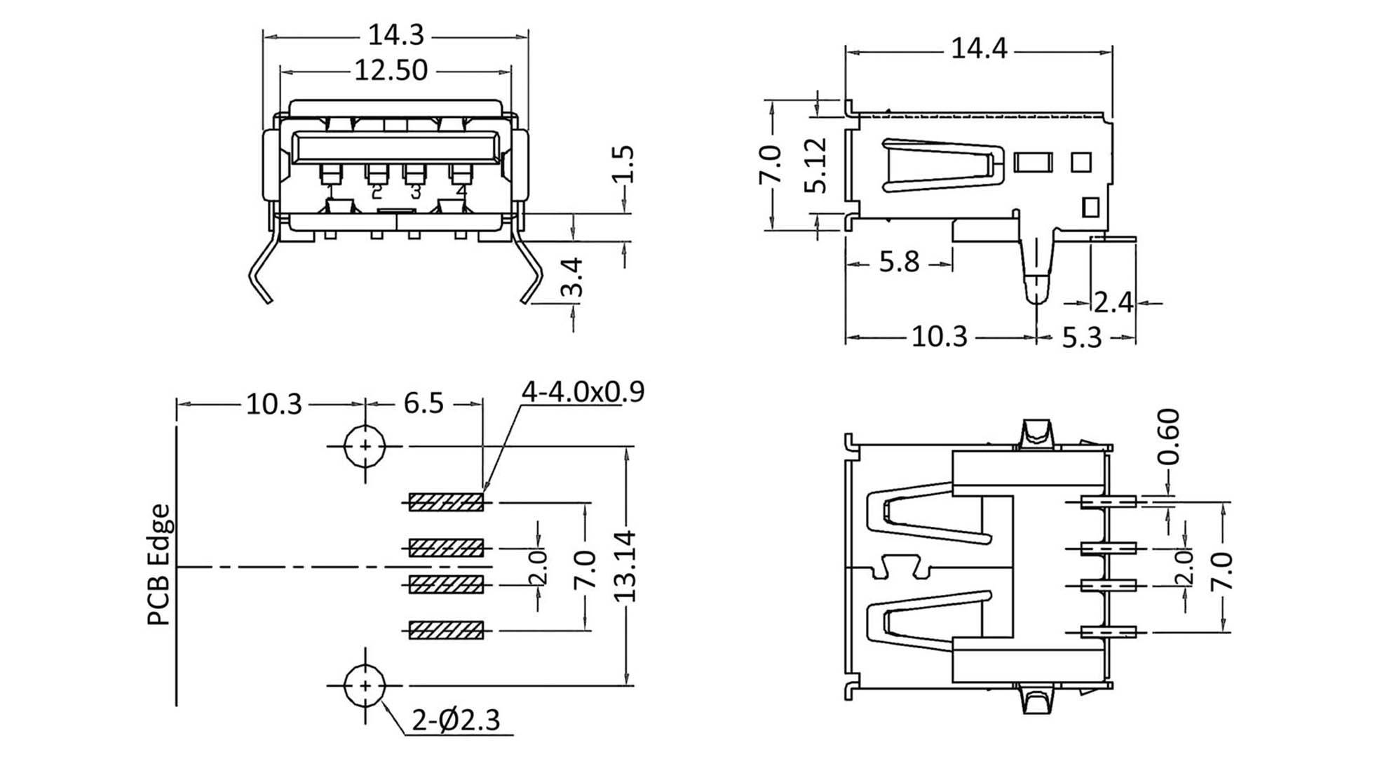 Technical drawing of an electronic connector with dimensions in millimetres. Shows various views and detailed sizes.