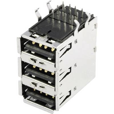 'Three USB ports stacked on top of each other in a metallic housing with visible connection contacts.'