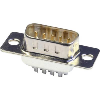 A metallic D-sub plug with nine pins, typically used for electronic connections or serial interfaces.